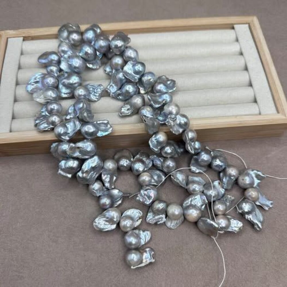 Set of 2 Gray Baroque Side Drilled Pearl Strand for DIY (bundle)